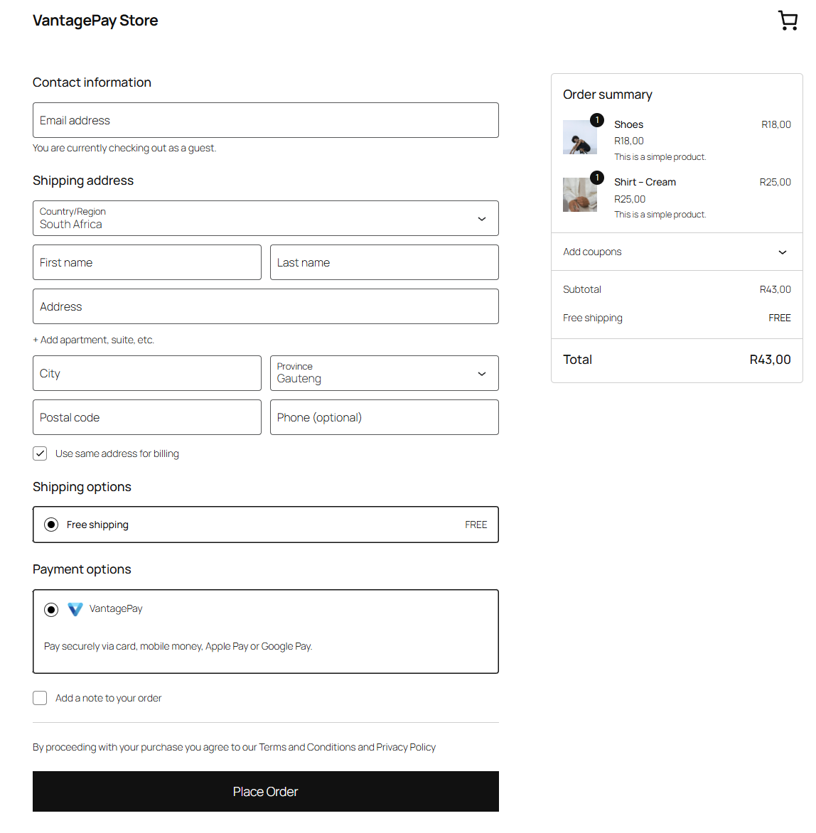 Choosing VantagePay as the payment method at checkout