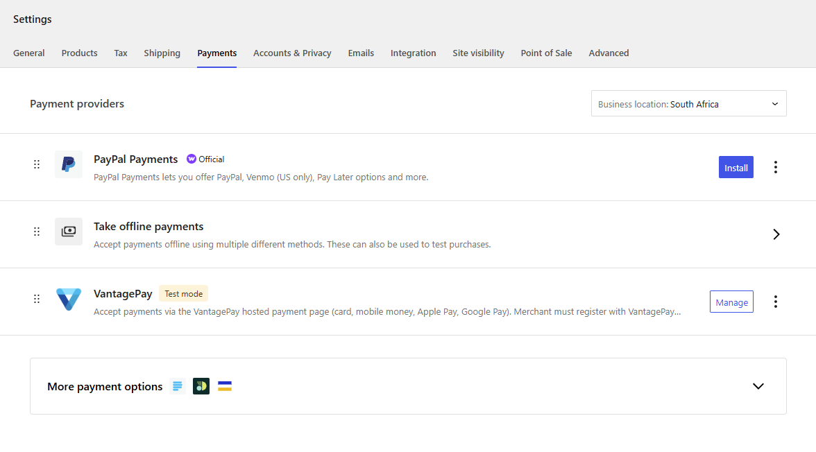 The VantagePay row in the WooCommerce payment methods list