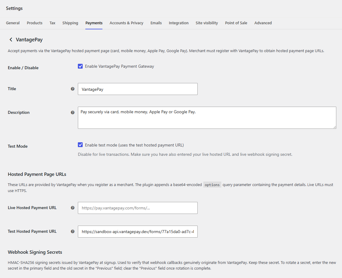 The VantagePay plugin settings screen